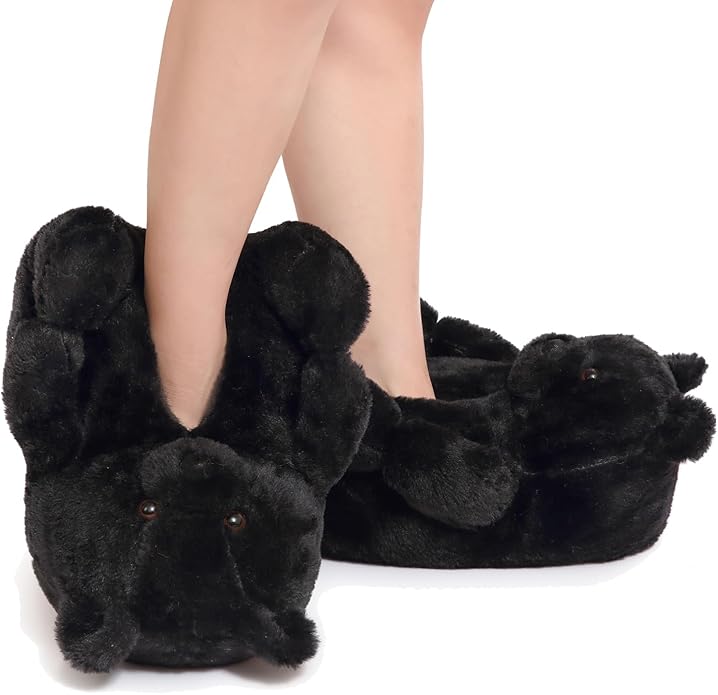Black Fluffy Teddy Bear Slippers – Plush Indoor Warm Shoes
