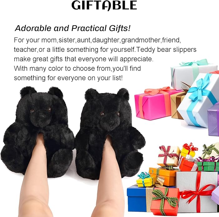 Black Fluffy Teddy Bear Slippers – Plush Indoor Warm Shoes