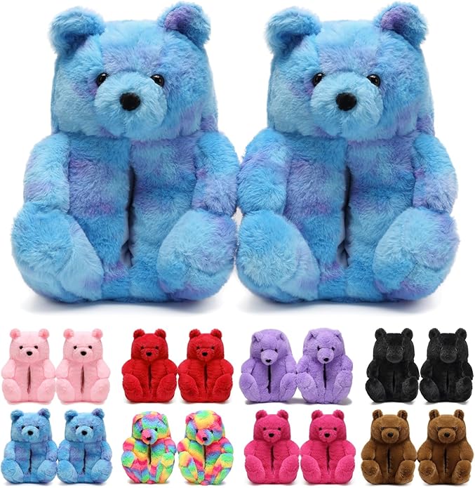 Ash Blue Fluffy Teddy Bear Slippers – Plush Cozy Indoor Shoes