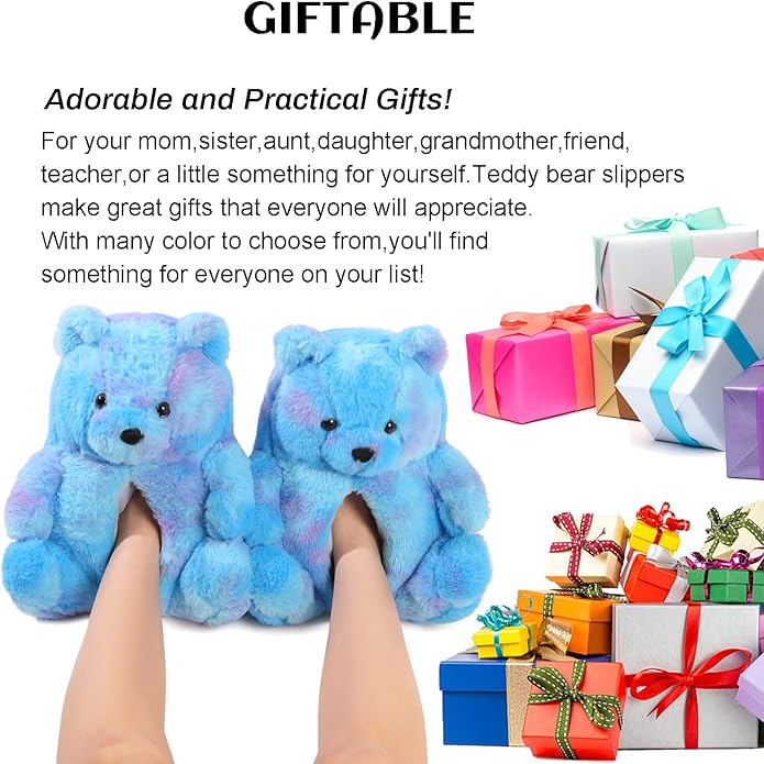 Ash Blue Fluffy Teddy Bear Slippers – Plush Cozy Indoor Shoes