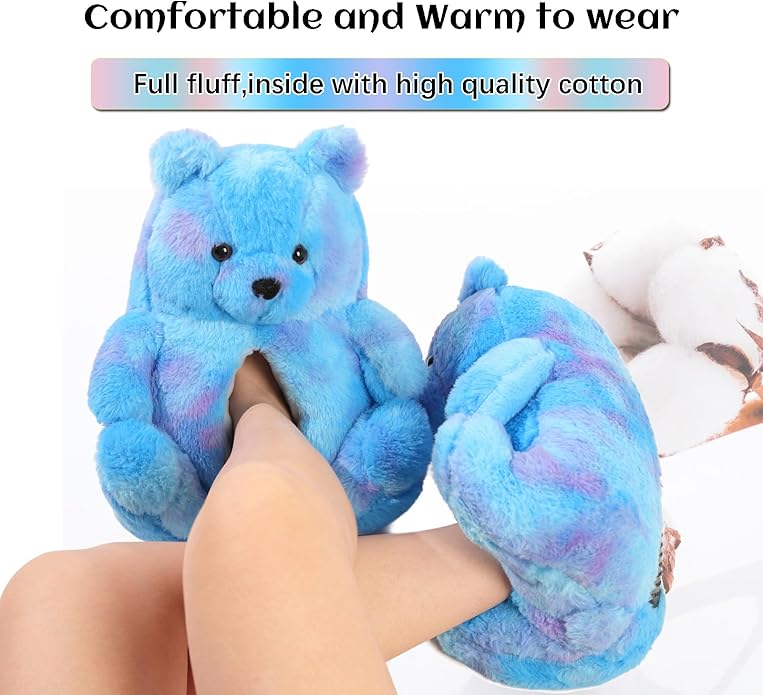 Ash Blue Fluffy Teddy Bear Slippers – Plush Cozy Indoor Shoes