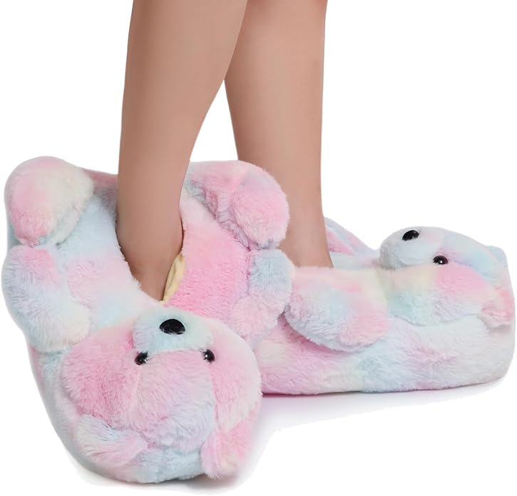 Ash Pink Fluffy Teddy Bear Slippers – Soft Plush Indoor Shoes