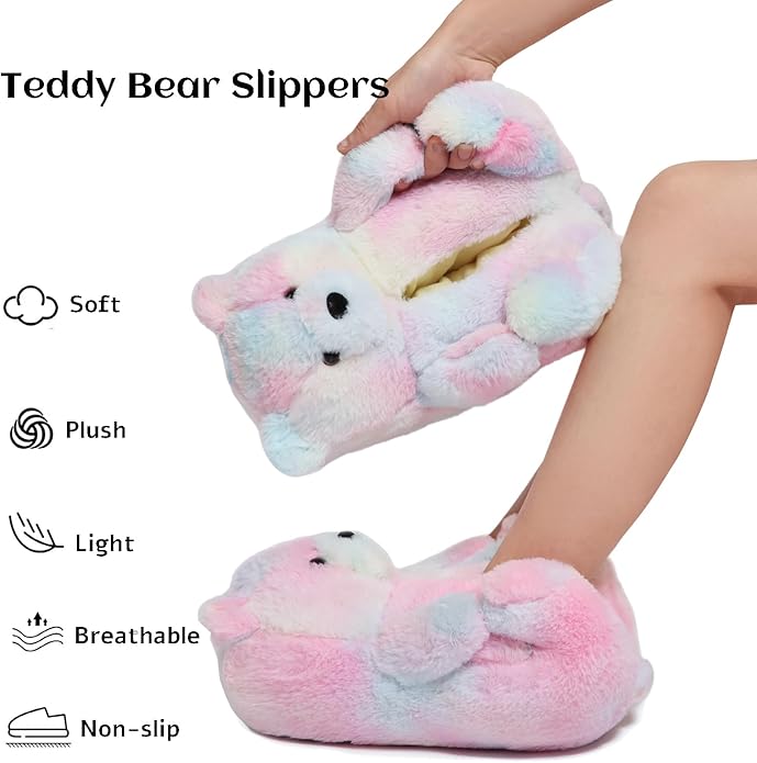 Ash Pink Fluffy Teddy Bear Slippers – Soft Plush Indoor Shoes