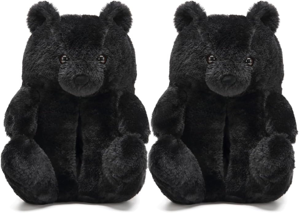 Black Fluffy Teddy Bear Slippers – Plush Indoor Warm Shoes