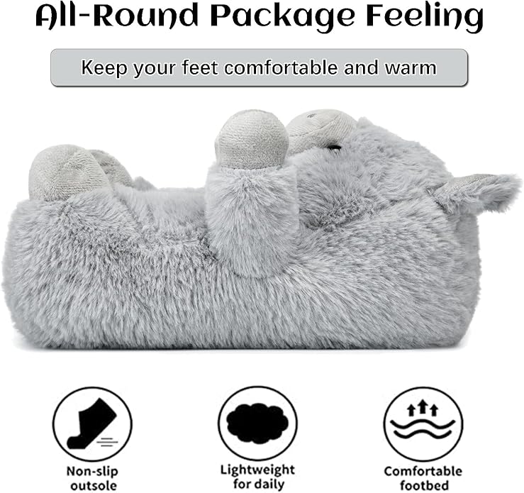 Grey Fluffy Teddy Bear Slippers – Plush Warm Indoor Footwear