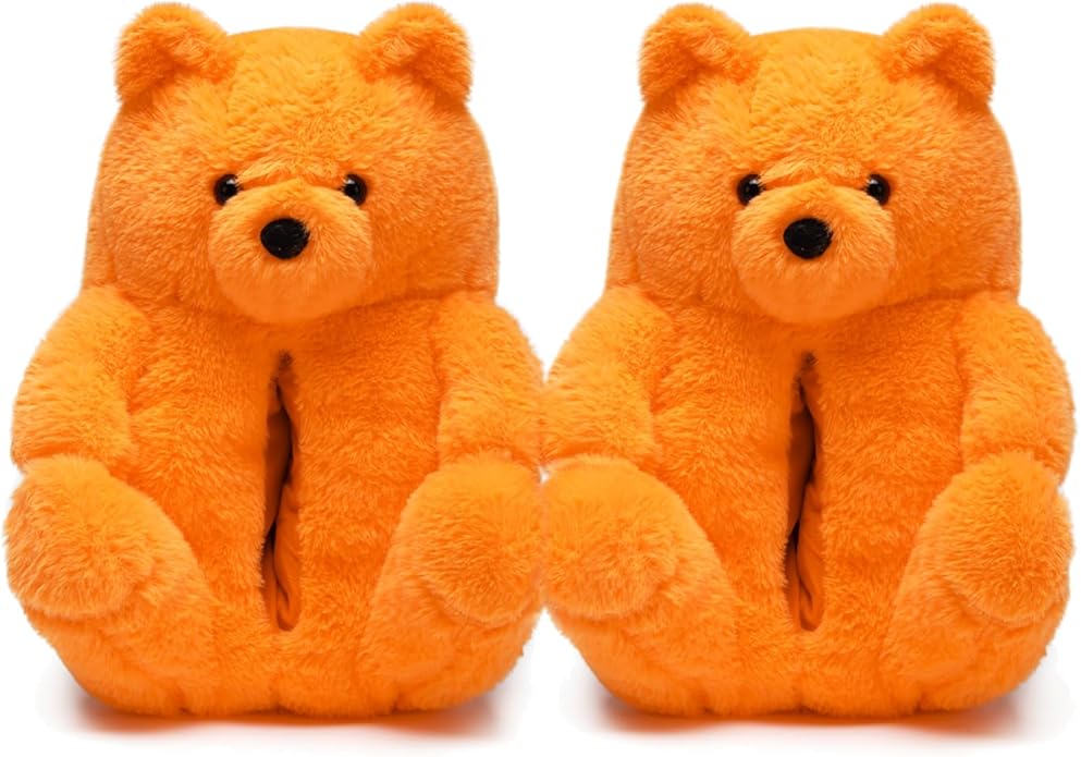 Orange Fluffy Teddy Bear Slippers – Plush Warm Indoor Shoes