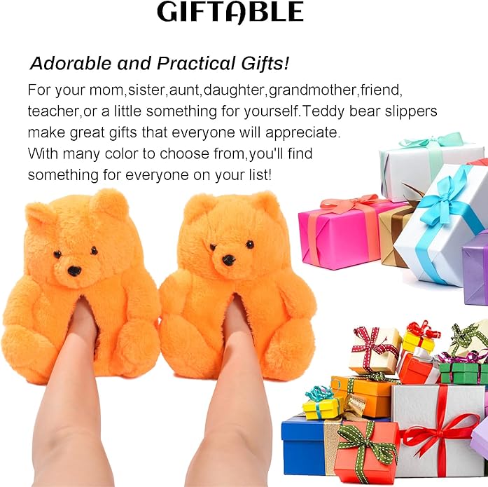 Orange Fluffy Teddy Bear Slippers – Plush Warm Indoor Shoes