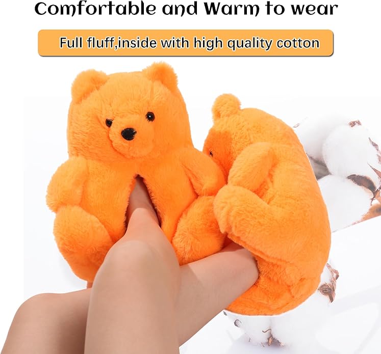 Orange Fluffy Teddy Bear Slippers – Plush Warm Indoor Shoes