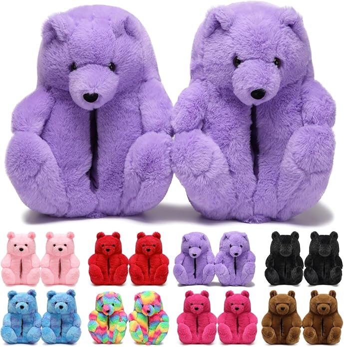 Purple Fluffy Teddy Bear Slippers – Soft Cozy Indoor Shoes