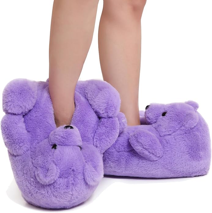 Purple Fluffy Teddy Bear Slippers – Soft Cozy Indoor Shoes