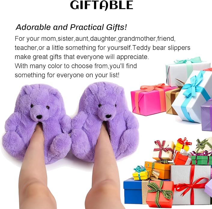 Purple Fluffy Teddy Bear Slippers – Soft Cozy Indoor Shoes