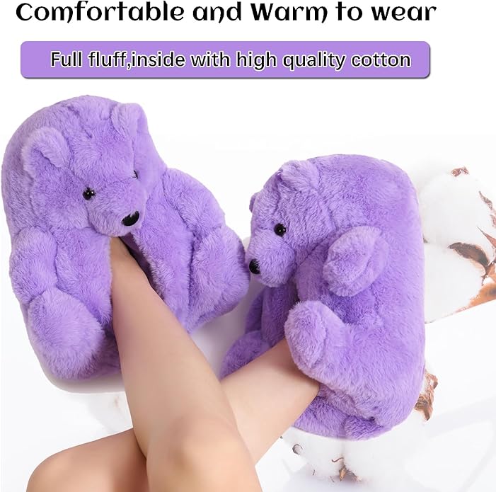 Purple Fluffy Teddy Bear Slippers – Soft Cozy Indoor Shoes