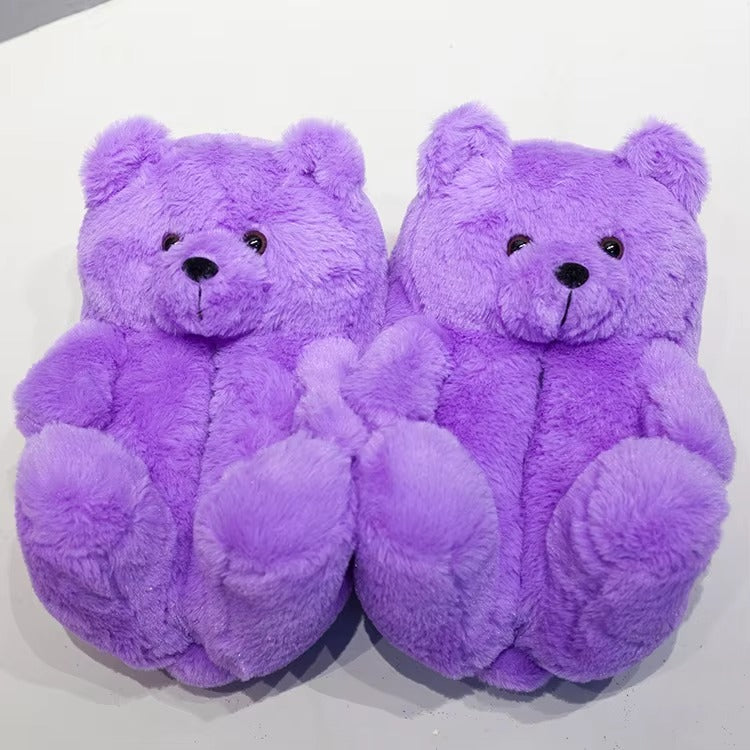 Purple Fluffy Teddy Bear Slippers – Soft Cozy Indoor Shoes