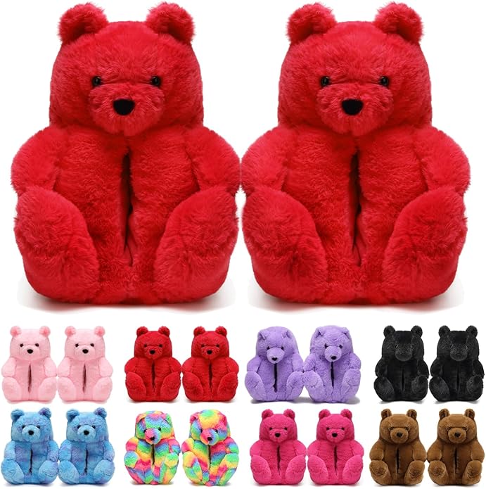 Red Fluffy Teddy Bear Slippers – Ultra-Soft Plush Indoor Shoes