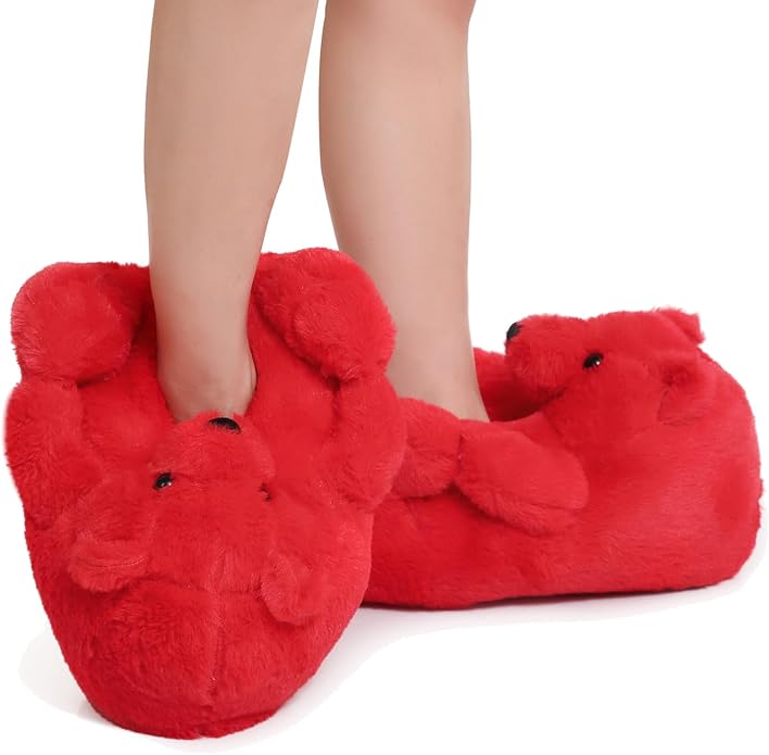 Red Fluffy Teddy Bear Slippers – Ultra-Soft Plush Indoor Shoes