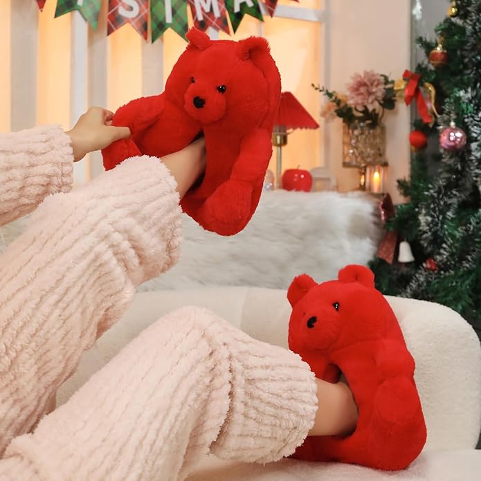 Red Fluffy Teddy Bear Slippers – Ultra-Soft Plush Indoor Shoes