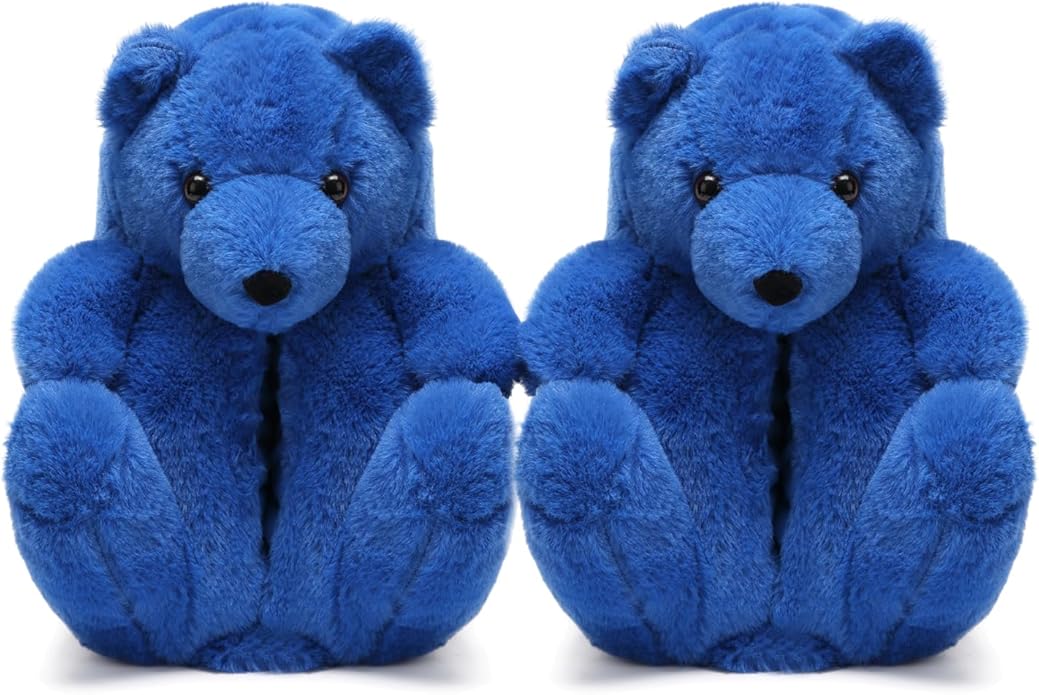 Royal Blue Fluffy Teddy Bear Slippers – Plush Cozy Shoes