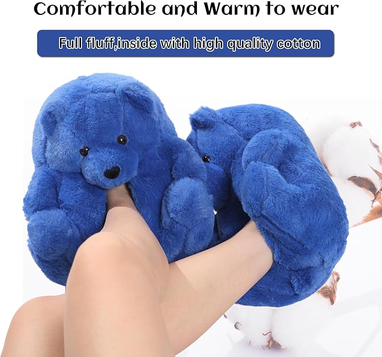 Royal Blue Fluffy Teddy Bear Slippers – Plush Cozy Shoes