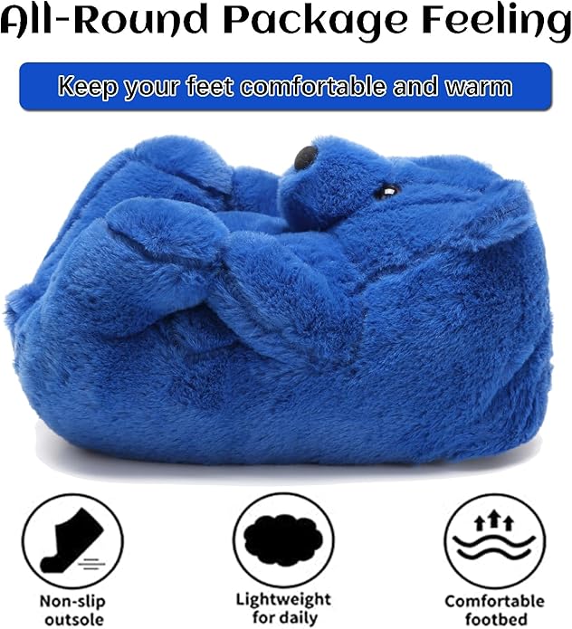 Royal Blue Fluffy Teddy Bear Slippers – Plush Cozy Shoes