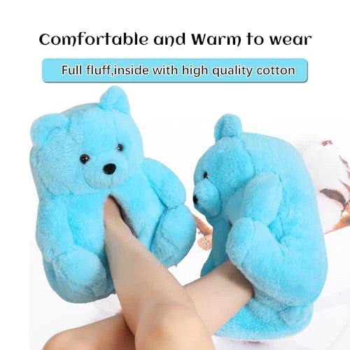 Blue Fluffy Teddy Bear Slippers – Plush Cozy Indoor Shoes