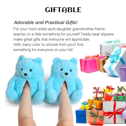 Blue Fluffy Teddy Bear Slippers – Plush Cozy Indoor Shoes