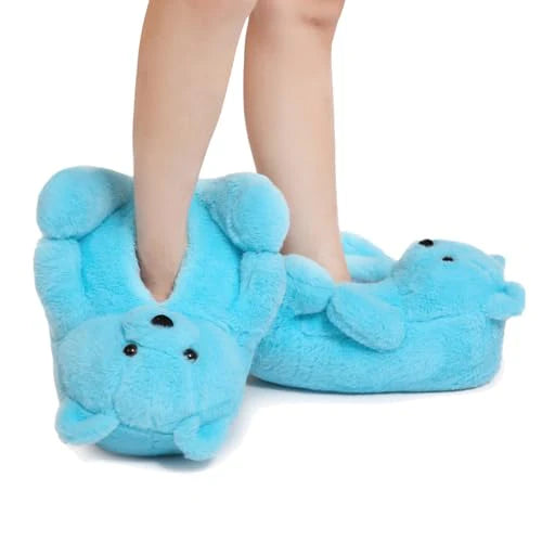 Blue Fluffy Teddy Bear Slippers – Plush Cozy Indoor Shoes