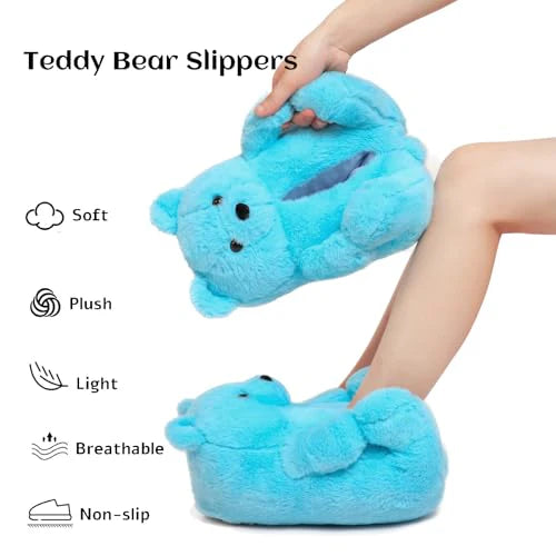 Blue Fluffy Teddy Bear Slippers – Plush Cozy Indoor Shoes