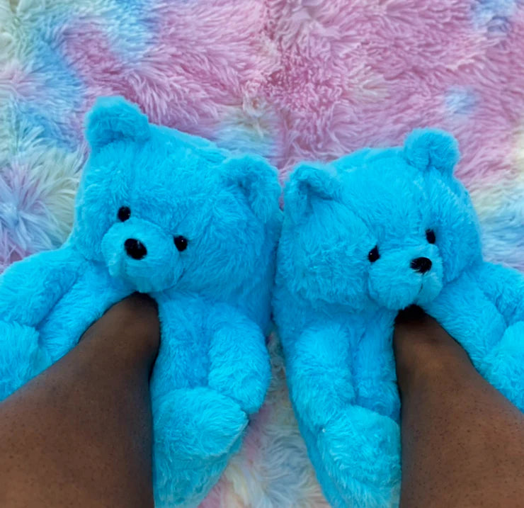 Blue Fluffy Teddy Bear Slippers – Plush Cozy Indoor Shoes