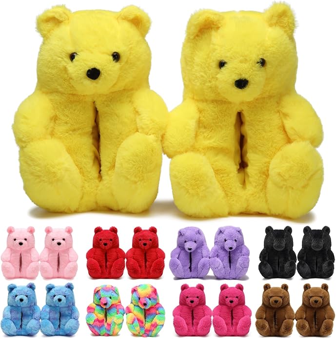 Yellow Fluffy Teddy Bear Slippers – Warm Plush Indoor Home Shoes