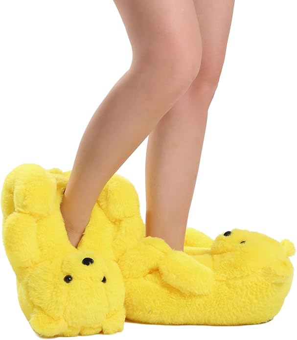 Yellow Fluffy Teddy Bear Slippers – Warm Plush Indoor Home Shoes
