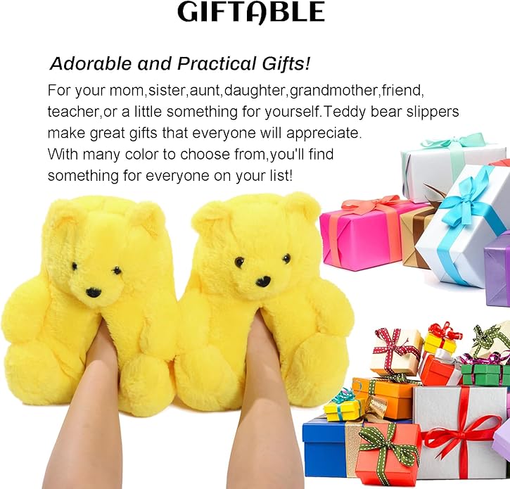 Yellow Fluffy Teddy Bear Slippers – Warm Plush Indoor Home Shoes