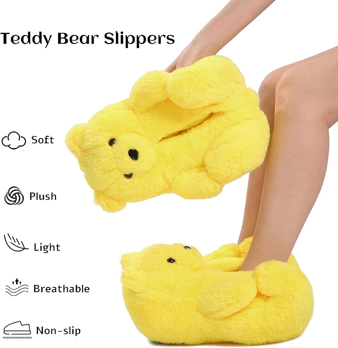 Yellow Fluffy Teddy Bear Slippers – Warm Plush Indoor Home Shoes